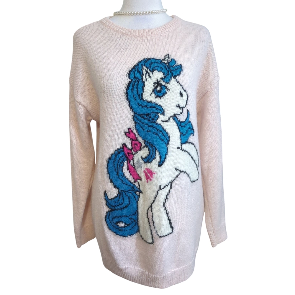 Divided  H& M Women's Pink Sweater with Blue Pony Design crochet